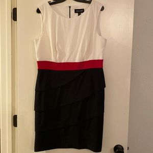 Ivory, red and black dress Size 16 - super slimming and flattering.  Knee length